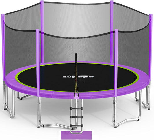 1800LBS Weight Capacity Double Frames Trampoline with No-Gap Design Curved Poles 16 15 14 12 10FT Trampolines with Enclosure Net for Kids Adults, Outdoor Family Fun