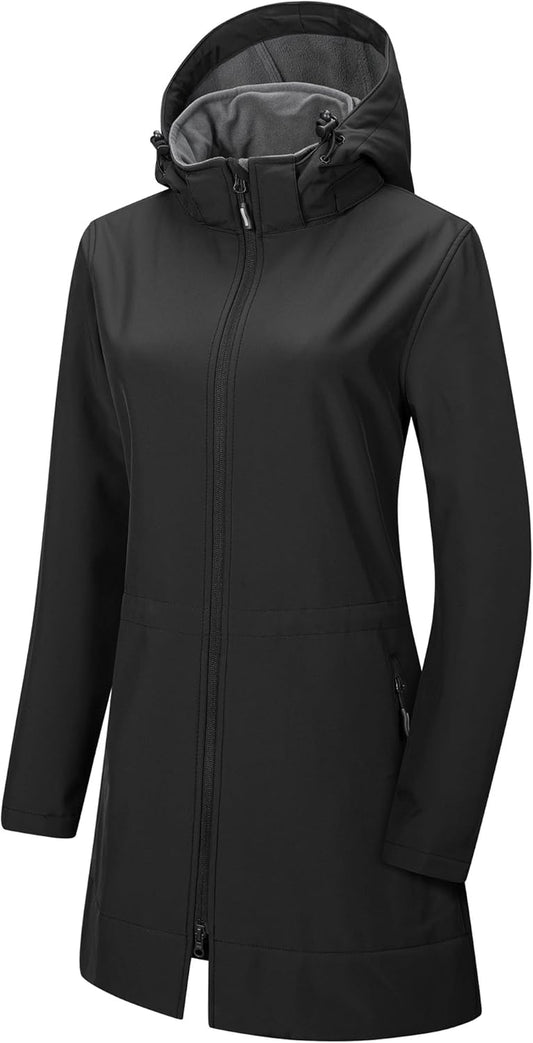 Women'S Softshell Jacket with Removable Hood Fleece Lined Windbreaker Insulated Long Warm Rain Jacket