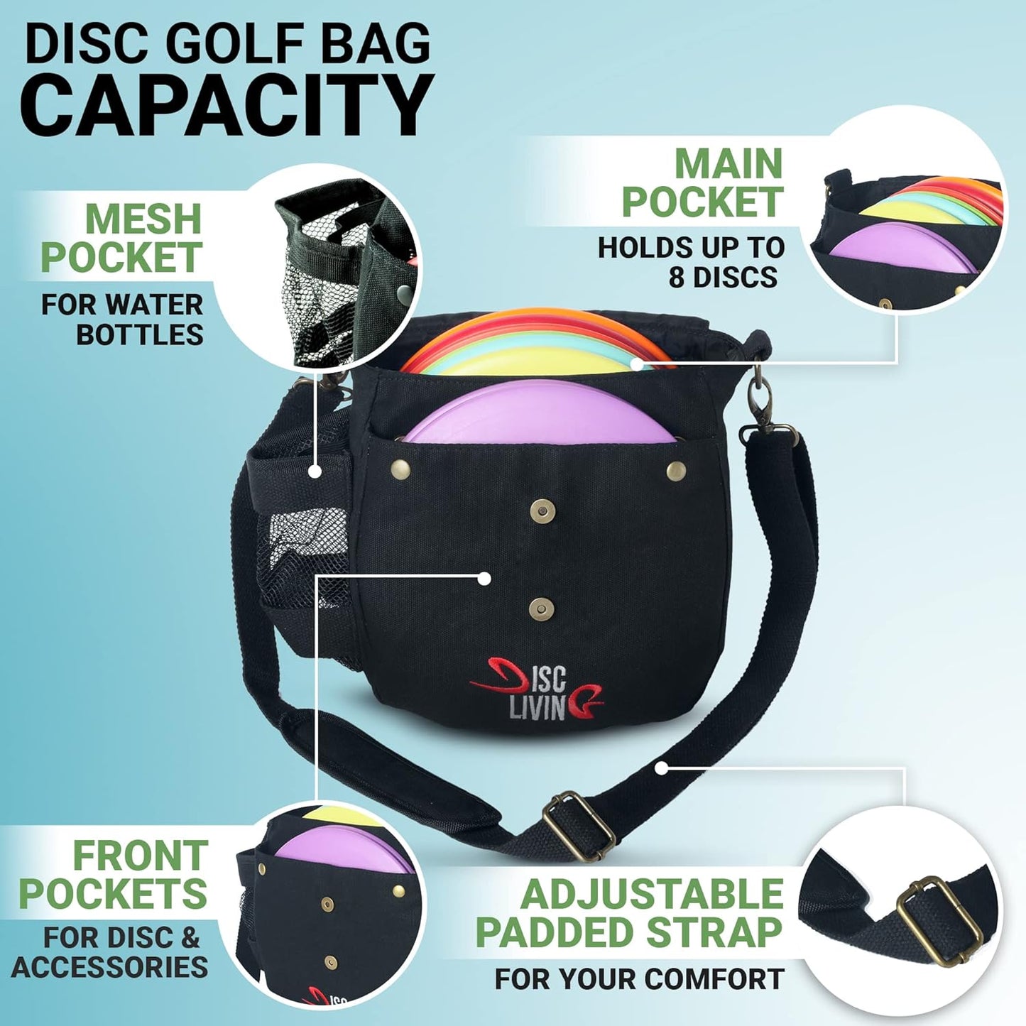 Disc Golf Bag | Frisbee Golf Bag | Easy to Carry | Lightweight Fits up to 10 Discs | 16 Oz Waxed Canvas Sturdy Design | Belt Loop | Double Button Design | Bottle Holder