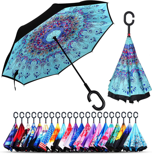 Windproof Double Layer Folding Inverted Umbrella, Self Stand Upside-Down Rain Protection Car Reverse Umbrellas with C-Shaped Handle