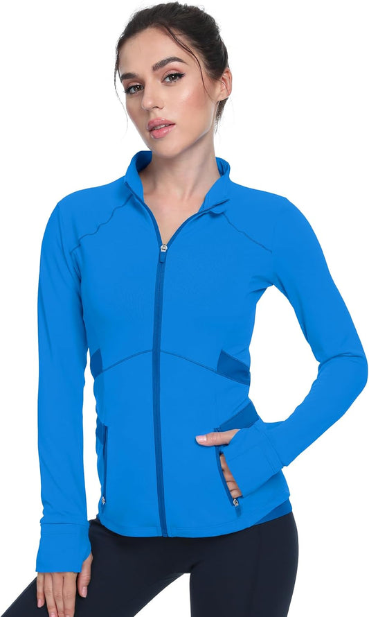 Women'S Slim Fit Workout Jackets - Zip up Athletic Running Jacket with Color-Blocked Mesh & Thumb Holes